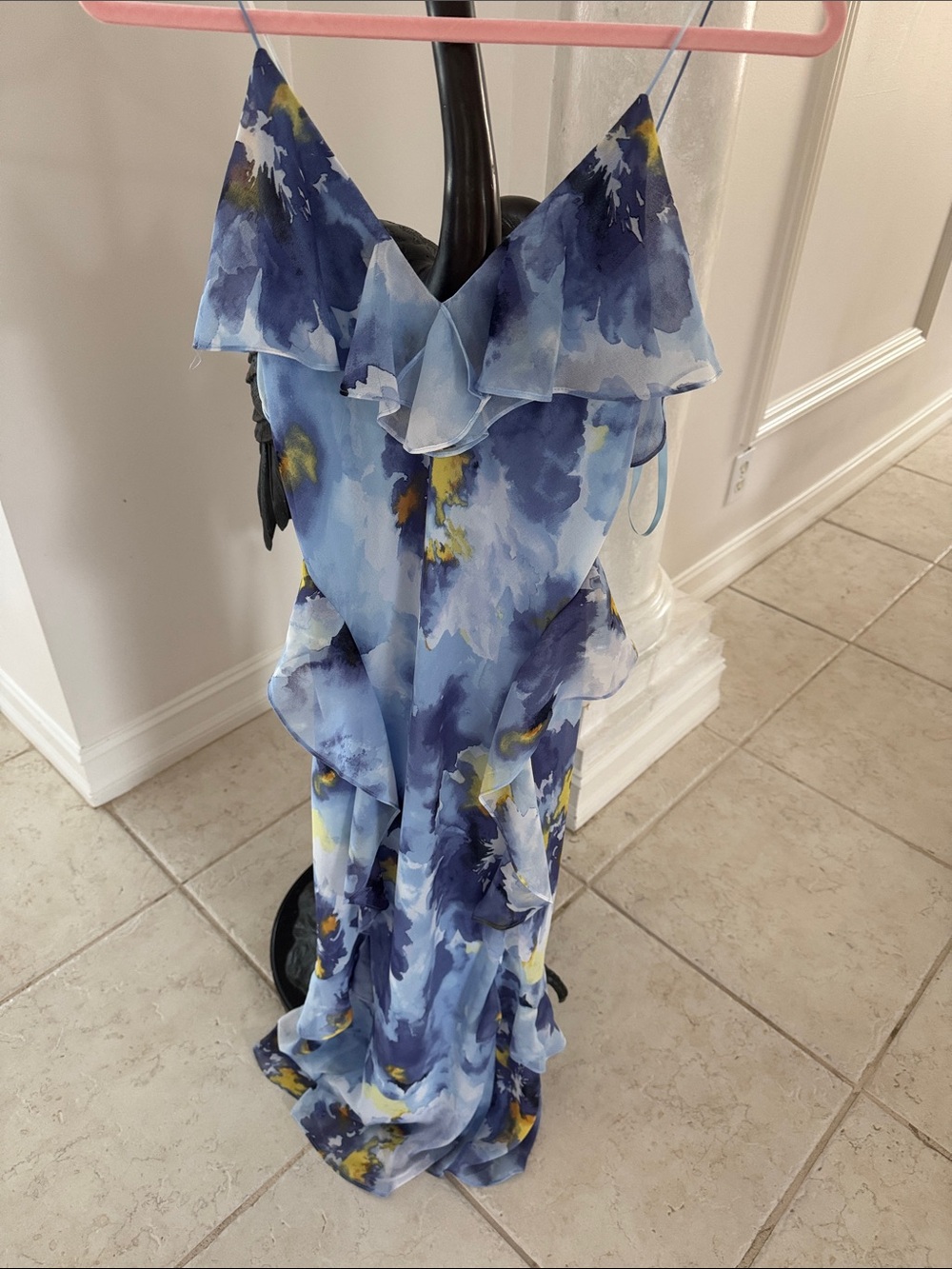 White House Black Market Blue Floral Ruffle Slip Dress